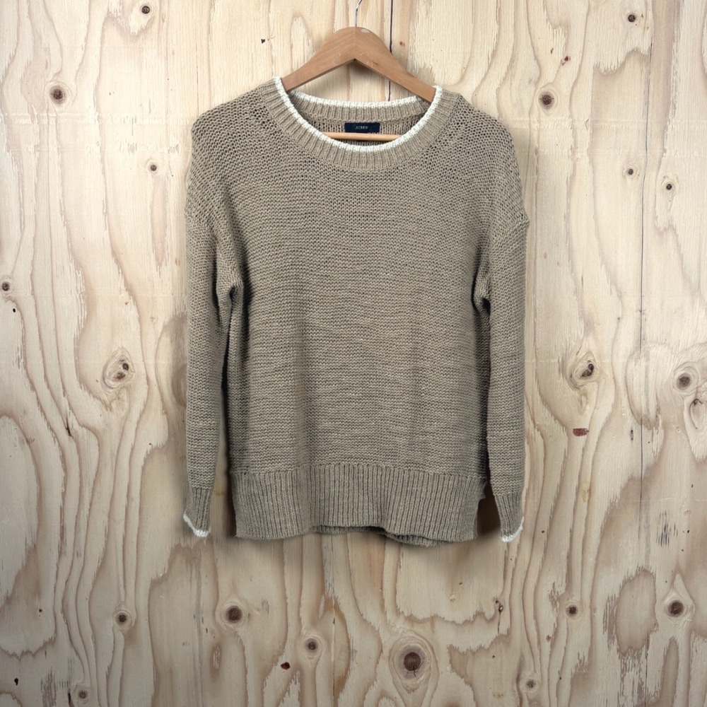 J.Crew Sweater Women XS Khaki Lightweight Cotton Blend White Trim Coastal Summer